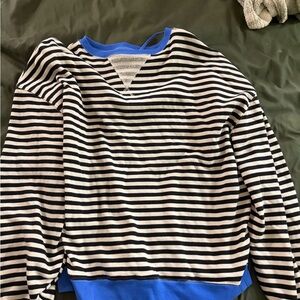 Free People Striped Black and White Sweater with Blue Trim
